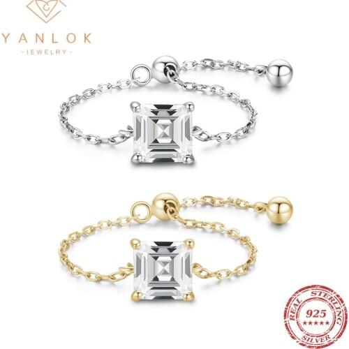 YANLOK Pure 925 Sterling Silver Emerald Cut Square Clear CZ Link Chain Ajustable Finger Rings For Women Anniversary Jewelry