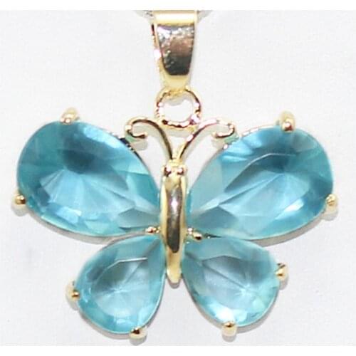 Womens fashion metal gilded butterfly Accessories + Light Blue Faceted Zircon Pendant Necklace