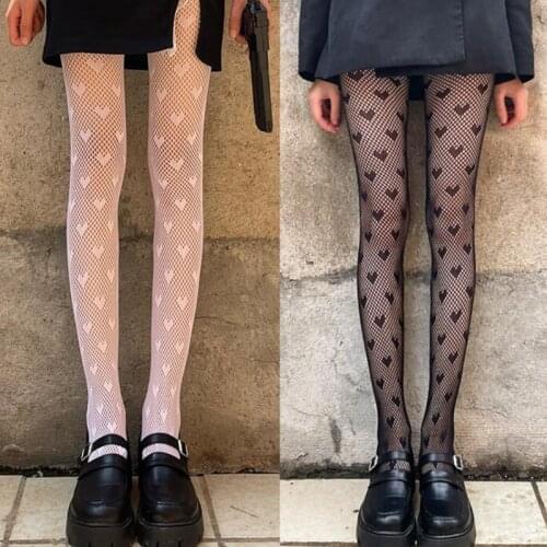 Women Sexy Lace Pantyhose Sweet Love Heart Pattern Jacquard Tights Gothic Punk Lolita Hollow Out Fishnet Mesh Stockings