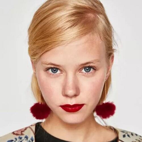Poputton Red Black Fashion Plush Ball Drop Earrings For Women Korean Velvet Round Tassel Long Dangle Earrings Gift Jewelry