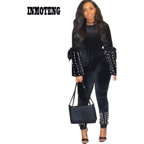 INMOTENG Winter Velvet Women Black Pearl Beading Flare Long Sleeve Sweatshirts Top Skinny Leggings Two Piece Sets Tracksuits