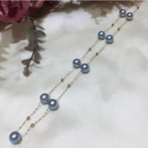 ZHIXI Real 18K Gold Jewelry Natural Akoya Sea Pearls Necklace Round Blue Pearl Pure AU750 Chain Gold Ball For Women Wedding Fine