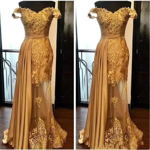 Gold Muslim Evening Dresses Mermaid Off The Shoulder Lace Beaded Islamic Dubai Saudi Arabic Long Formal Evening Gown Prom