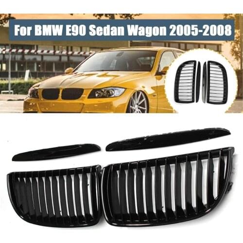 1 Pair Glossy Black Car Front Kidney Grille Grill + 2x Upper Hood Eyelids For BMW E90 320i 323i 328i 335i Sedan/Wagon 2005-2008