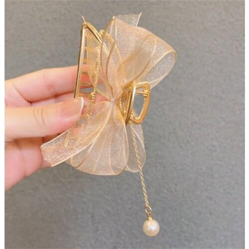 1PCS European And American Fashion Bowknot Pearl Pendant Korean Version Of The Clip, Fringed Metal Trendy Hair Accessories