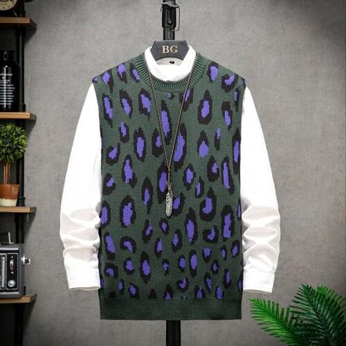 2021 Loose Round Collar Fashion Casual Knit Pull Homme Japanese Style Sleeveless Sweater Vest Autumn Winter Mens Printed Clothes