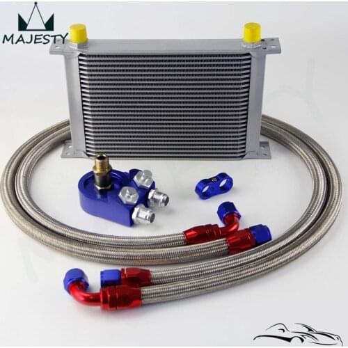 25 ROW AN-10AN UNIVERSAL ENGINE TRANSMISSION OIL COOLER+SS Braided Hose kit BLUE