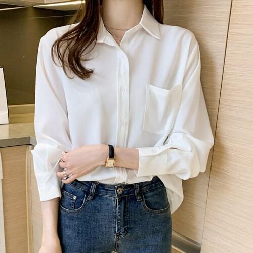 White Shirt Womens 2021 Blusas Female Ladies Tops Solid Chiffon Vintage Elegantes Dropshipping Button Korean Clothing Full 0144
