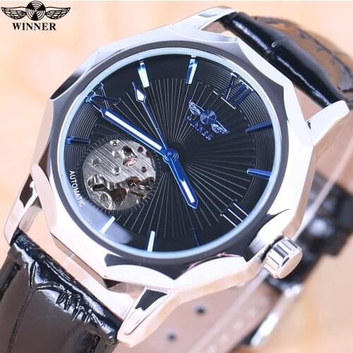 Winner Blue Ocean Geometry Design Transparent Skeleton Dial Mens Watch Top Brand Luxury Automatic Fashion Mechanical Watch Clock