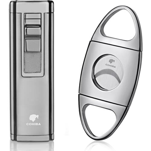 COHIBA Stainless Steel Sharp Cigar Cutter Metal Windproof 3 Jet Flame Gas Cigar Cigarette Lighter W/ Punch Cigar Accessories Set