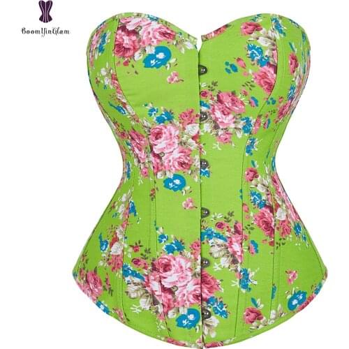 Flower Corset Overbust Corselet Pink Green Bustier Lolita Women Girl Waist Slimming Boned Floral Gorset