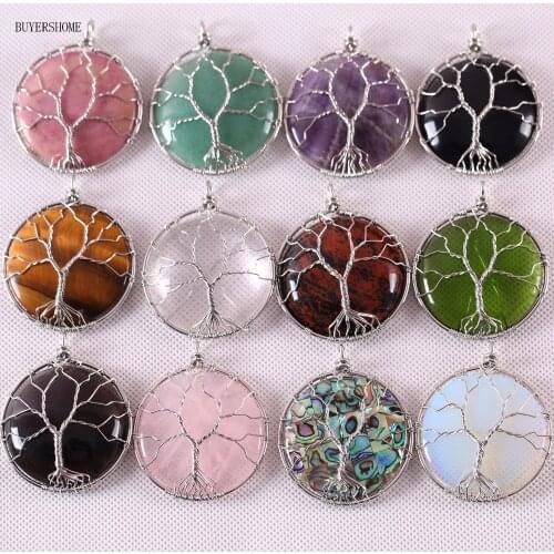 Tree of Life Wire Wrap Zinc Alloy Natural Green Aventurine Round Abalone Shell Crystal Onyx Rhodonite Necklace Pendant 1Pcs
