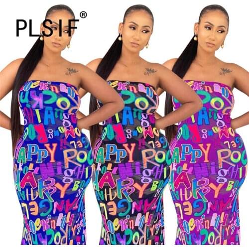 European Fashion Summer Strapless Letter Print Long Maxi Dress Lady Party Club Bodycon Dresses