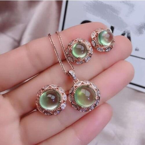 Real Natural Prehnite jewelry set Natural Real Prehnite 925 sterling silver 1pc pendant,1pc ring,2pcs Earring
