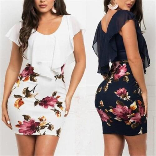 Summer New Fashion Sexy Fake Two-Piece Flower Print Slim Fit Hip Dress Womens Clothing