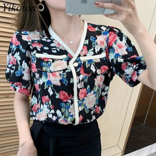 Summer Women Blouse Floral Shirt Slim Top Office Lady Shirt Clothes Casual Button Ladies Blouses Tops Plus Size Top Woman Shirt