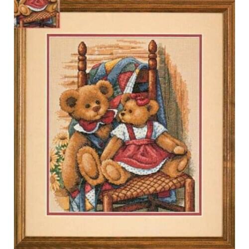 MM cross stitch kits Lovely Counted Cross Stitch Kit Teddies on Quilt Two Bear Bears Teddy on Chair dim 35103