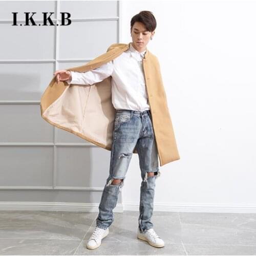 Khaki stand collar medium length tweed fashion coat mens Cape winter Cape personality