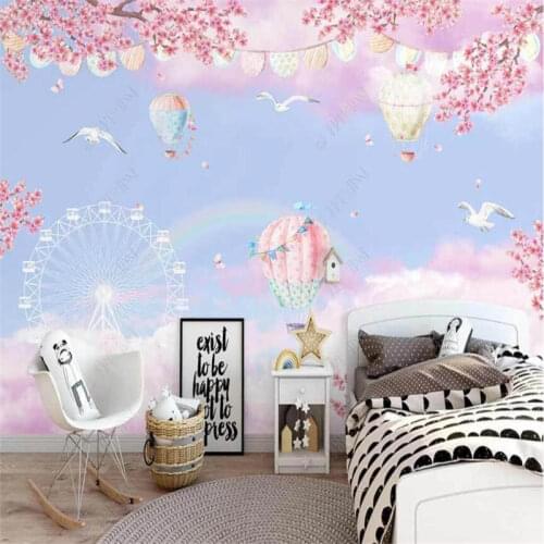 Clouds Mural Wallpaper for Kids Room Hot Air Balloon Cartoon Childrens Room Background Wall Paper Home Decor Papel De Parede