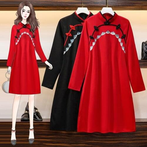 Autumn M-4XL Plus Size Vintage Red Black Embroidery Chinese Traditional Casual Party Women Long Sleeve Dress Cheongsam Dresses