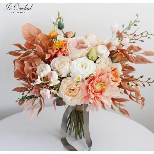 PEORCHID Autumn Vintage Wedding Bouquet Champagne Pink Peony Rose Artificial Fake Bridal flowers Mariage Decoration