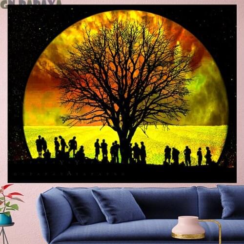Psychedelic forest tapestry Wall Hanging Moon night farmhouse decor tropical Branch goblen landscape Polyester black Yoga mat