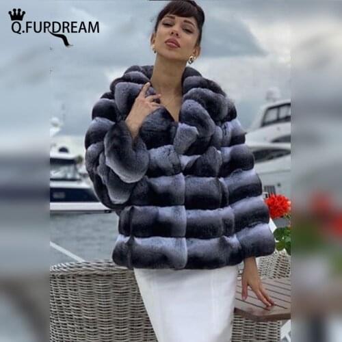 Q.FURDREAM 2020 Fashion Real Rex Rabbit Fur Coat Winter Women Thick Warm Natural Chinchilla Fur Jacket Striped Outerwear