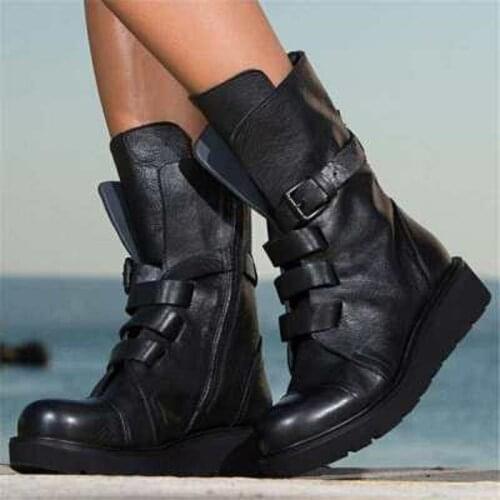 New Winter Mid-Tube Flat Round Toe Womens Boots Comfortable Zipper All-Match Boots