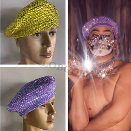Red/Purple/Yellow Rhinestones Hat Crystals Caps Headgear Male Female DJ Singer Dancer Performance Accessories Stage Ornament