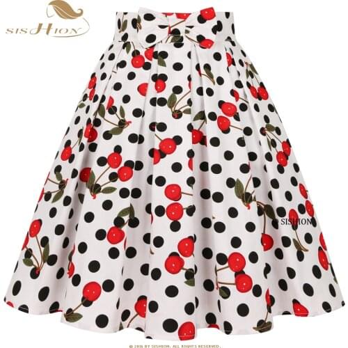SISHION Women Y2K Polka Dots Print White Cherry Skirt SS0012 With Pockets Summer 50s Vintage Cotton Retro Pleated Midi Skirt