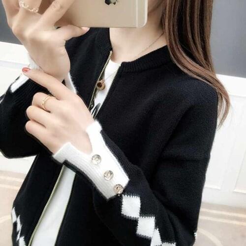 Knitted cardigan fashion new sweater short zipper sweater coat female color matching Korean lantern sleeve loose wild cardigan