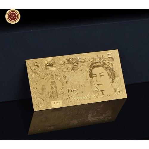 WR 24k Gold Foil Banknote NEW UK Pound Gold Paper Money 5 Pound Elizabeth II Banknote World for Collection Gifts Home Decor
