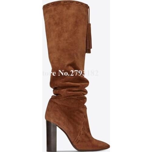 Women New Fashion Pointed Toe Black Brown Suede Leather Chunky Heel Knee High Boots Top Strap Long Thick High Heel Long Boots