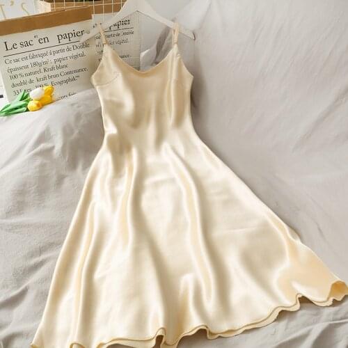 Women Dress V-neck Halter Midi Sleeveless Satin Knee-length Dress Waist Hugging Slim All-match Thin Shiny Night Dress