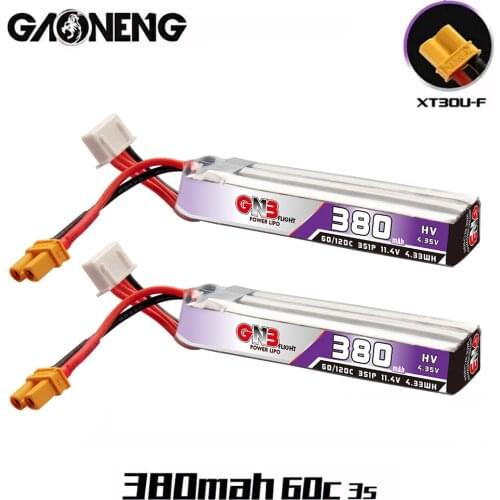 2PCS Gaoneng GNB 350mAh 3S 11.4V 30C/60C HV Lipo Battery XT30 Plug For FullSpeed TinyLeader Whoop 3S Drone RC FPV Drone Parts