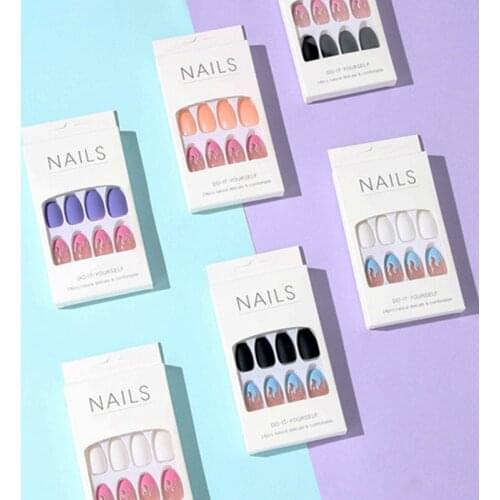 24pcs Fake Nails With Flame Print Nail Patch Glue Double Color Removable French Fashion Manicure False Nail Z148