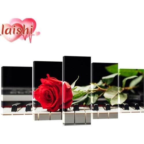 5pcs DIY Red rose, black and white piano keys Diamond Painting Cross Stitch Diamond Embroidery New Handicrafts Home Decoration