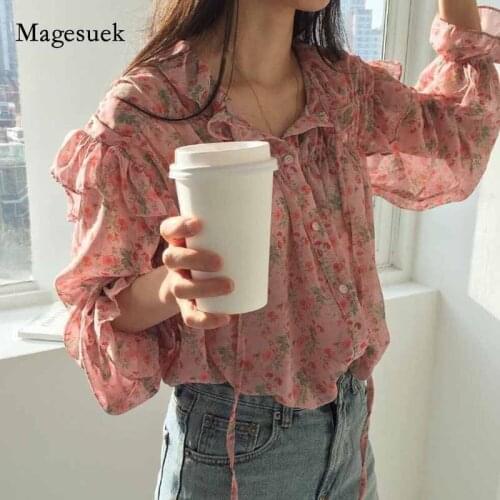 Long Sleeve Womans Blouses Woman 2020 Autumn New Printed Wild Chiffon Blouse Korean Clothes Vintage Ruffled Pink Shirts 10336