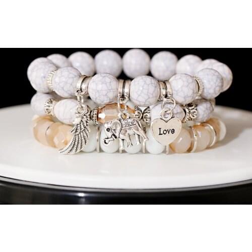 Vintage Women White Natural Matte Stone Beaded Bracelets&Bangles 3pcs/Lot Wing Elephant Heart Pendant Bracelets Set Boho Jewelry