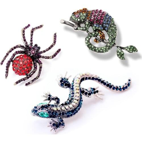Fashion Colorful Rhinestone Chameleon Spider Brooch Women Men Jewelry Alloy Inlay Rhinestone Corsage Cartoon Animal Pin Brooch