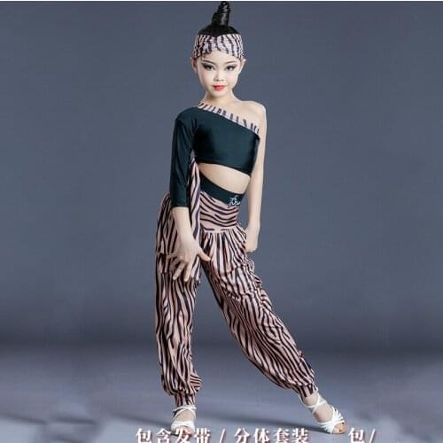 ChildrenS Latin Dance Practice Clothes Slanted Shoulder Zebra Pattern Latin Dance Pants Girls' Latin Performance Clothes SL4798