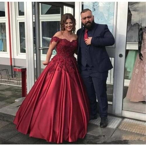 Burgundy Elegant Evening Dresses For Party Satin Off The Shoulder Long Luxury Beading 2021 Wedding Woman Party Night Prom Gowns