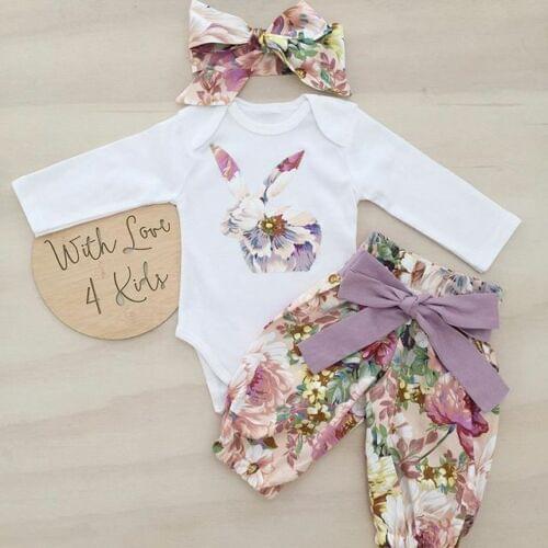 New Baby Girls Floral Print Rabbit Bodysuit+Floral Print Pants Newborn 2pcs Outfits Set