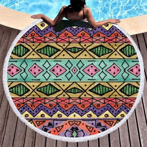 Geometric Bohemian Round Beach Towel with Tassels Adults Boho Travel Microfiber Towel 150cm Blanket Yoga Mat