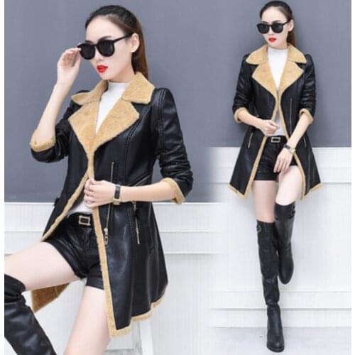Black faux leather coat women gray green khaki loose tops PU jacket autumn winter new korean lapel Plus velvet long elegant