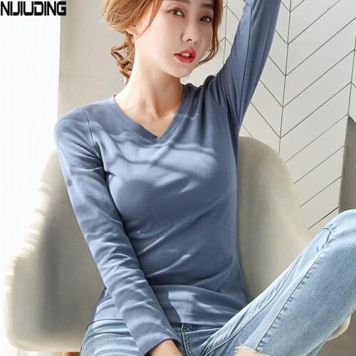 NIJIUIDNG 2020 Autumn Winter New Blue Slim Cotton Long Sleeve T-Shirts Female Casual Solid Spandex V-Neck Comfortable Tops Women