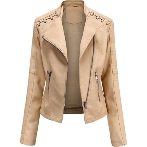 European Size New Spring Autumn Womens Jacket Slim Long-Sleeved Thin Leather Jacket Ladies Tops Motorcycle Clothing Zipper B27