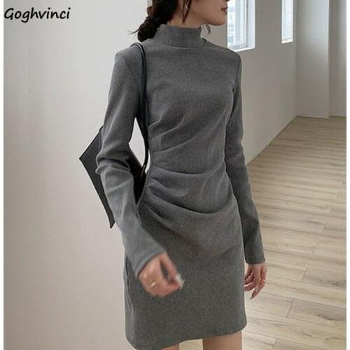 Women Long Sleeve Dress Solid Slim Fit Turtleneck Female Simple All-match Elegant Sexy Daily Pleated Korean Style Streetwear Ins