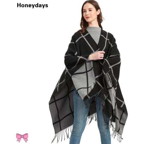 Simplicity Plaid Ponchos and Capes for Women Retro Winter Warm Shawls Long Tassel Female Scarf Long Soft Shawl and Wrap Bandana
