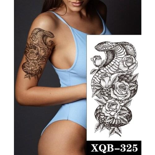 Temporary Tattoo Stickers Sexy Rose Flower Branches and Leaves Cobra Fake Tattoos Waterproof Tatoos Arm Large Size for Women Men